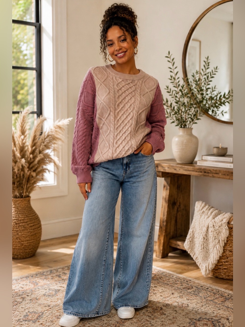 Cable Knit Colorblock Crewneck Sweater in Pink & Cream